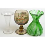 An enamelled roemer style glass, an art glass vase with waisted neck and one other glass.  Condition