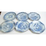 Six 18th century Chinese, blue and white export plates.