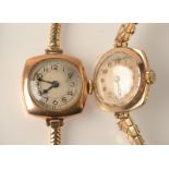 A ladies gold, square cased wristwatch on gold bracelet and one other ladies gold cased wristwatch.