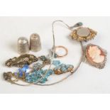 A 9ct. gold opal doublet ring, other jewellery and two silver thimbles.