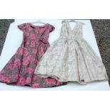 A pink floral party dress with stitched decoration, size 10 approx., together with a gold