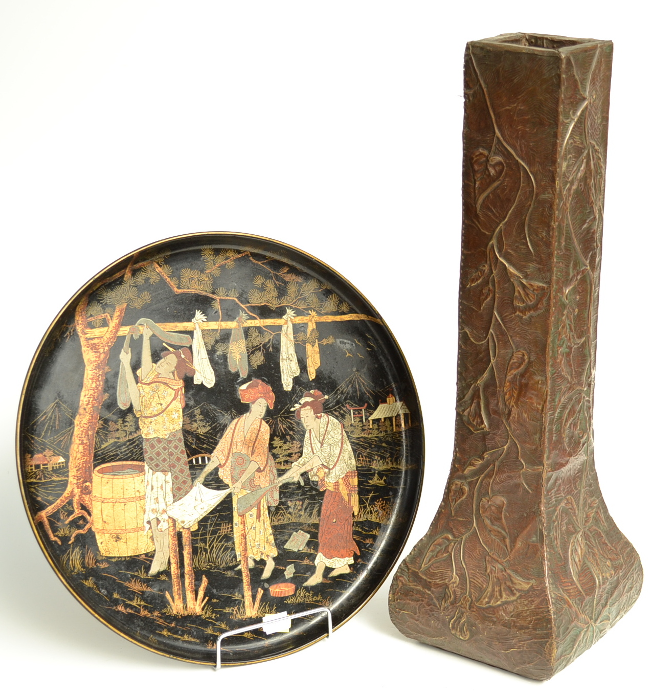 An Arts & Crafts brass clad square section vase. 49cm, together with a Japonaiserie tray.