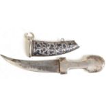 A Russian silver belt buckle dagger with niello decorated hilt and scabbard,