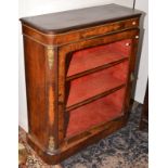 A Victorian walnut veneered and inlaid dwarf display cabinet with gilt brass mounts and velvet lined