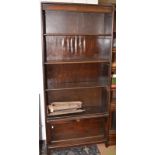 A dark oak, sectional bookcase incorporating a fall front bureau (incomplete), width 87cm,