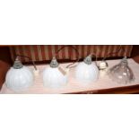 A set of three small, moulded, white glass, lights with fittings for five together with a clear