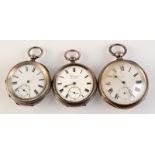 Three pocket watches and a ladies' gold cased wrist watch.