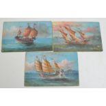 Three Chinese oil paintings on board of junks, each 11 x 16.5cm.