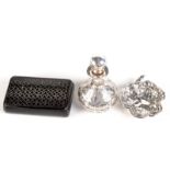 A papier mache snuff box, a trefoil silver pin tray and a perfume bottle (damaged).