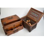A smokers' oak box and an Egyptian box, together with a part chess set.