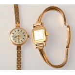 Two ladies' 9ct. gold cased wristwatches, one with a 9ct. gold bracelet.