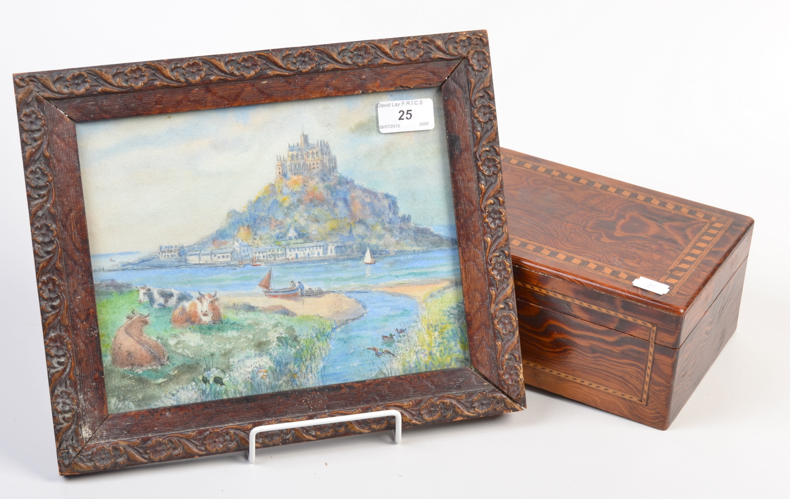 A watercolour of St Michaels Mount by S.J. Nash and a pitch pine box.