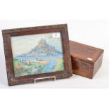 A watercolour of St Michaels Mount by S.J. Nash and a pitch pine box.