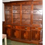 A reproduction mahogany and floral marquetry veneered,