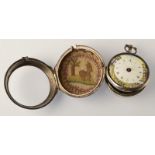 A George III silver pair cased pocket watch, the dial polychrome enamelled with a hunting scene,