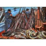 MARJORIE MORT
Mending the nets
Oil on board
Signed
'Market House Gallery' label to the back
24 x