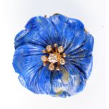 A lapis carved flower head brooch with diamond set stamens. Condition Report: Lapis has minor marks,