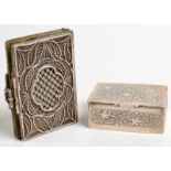 A silver filigree needle book, together with an Eastern silver coloured metal box.