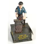 A reproduction cast iron money box "Bank On John Deere Quality".