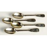 A COLLECTION OF RUSSIAN SILVER

Four Russian silver engraved fiddle pattern tea spoons.