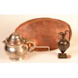 A Regency small bronze jug, a silver plated jug in Georgian style, the lid,