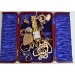 14ct. gold and other gold earrings, an Edwardian gilt locket, cultured pearl necklace etc.