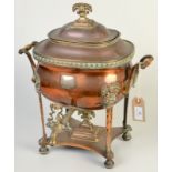 A George III copper oval section tea urn with ivory handles, the inside fitted for an iron heater,