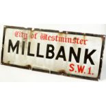 An enamelled City of Westminster, Millbank S.W.1. sign, 28.8 x 76.3cm.