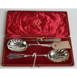 A pair of cased serving spoons and a button hook.