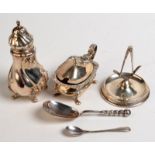 A German silver pepper, a Post-War silver mustard pot, a Masonic desk stand and two spoons.