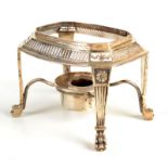 A Victorian silver spirit kettle stand with pierced panels and paw feet, together with burner,