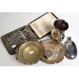 An oval flask with a vine cast border, a tankard, a cased set of dessert forks etc.