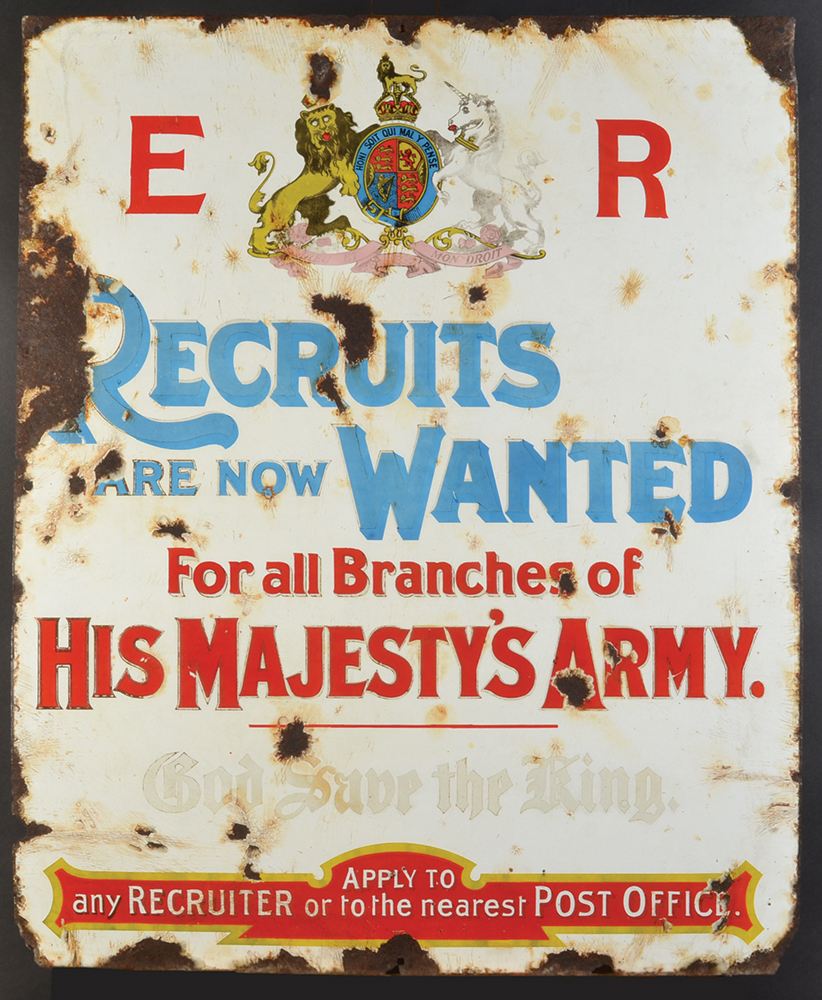An extremely rare enamel Boer War recruitment sign, 81.5 x 66cm, weathered and damaged.