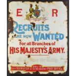 An extremely rare enamel Boer War recruitment sign, 81.5 x 66cm, weathered and damaged.