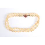 A "pearl" necklace with ruby set gold clasp.