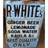 An enamelled sign advertising R. White's ginger beer, lemonade, soda water and kaola, 76.