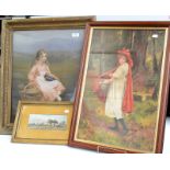 Two Victorian chromolithograph prints, and a small watercolour.