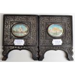 A pair of Indian, architectural miniatures in carved, ebony, easel frames. 2.5 x 3.8cm.