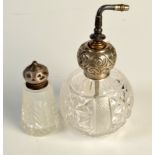 A George V silver and cut glass perfume atomiser together with one other piece.