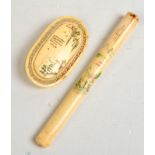 A Chinese cigarette holder with engraved coloured landscape decoration and minute calligraphy