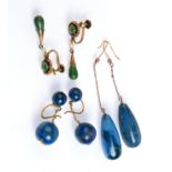 Two pairs of "Swiss Lapis" drop earrings, together with one other pair of earrings.