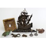 An iron mount cast with the Mayflower, width 24cm, etc.