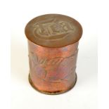 A Newlyn copper cylindrical tea caddy decorated with two fish the lid inscribed  "Tea", height 10cm.