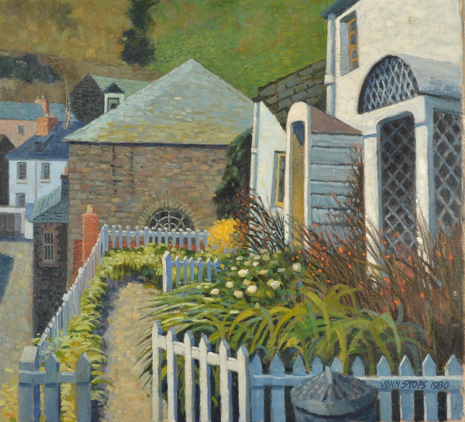 JOHN STOPS
Chapel and Cottages
Oil on canvas
Signed and dated 1980
56 x 61cm