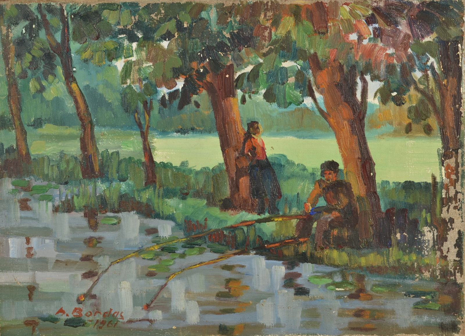 BORDAS (RUSSIAN?)
Fishing on a Riverbank
Oil on canvas 
Indistinctly signed and dated 1961
33 x