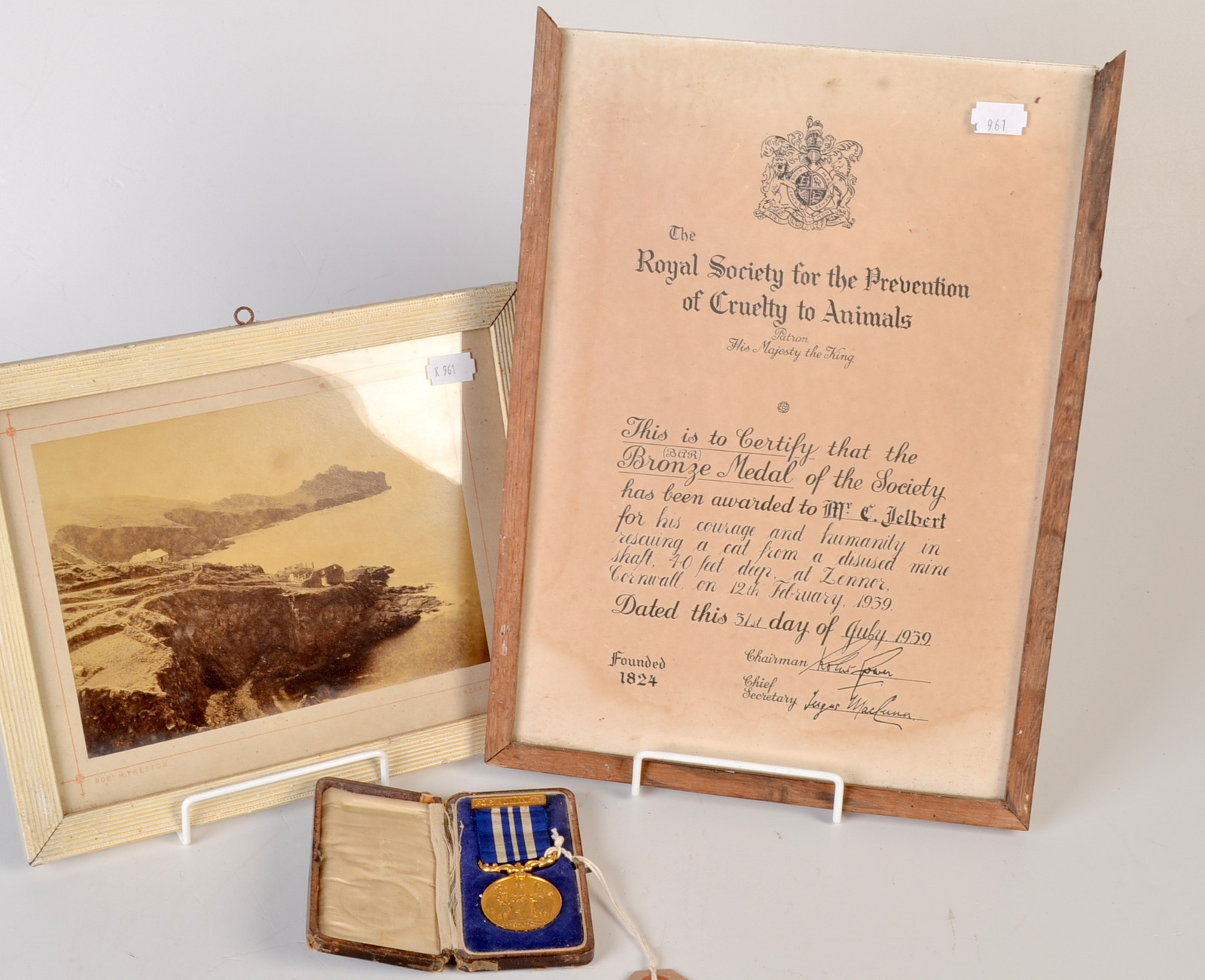 An R.S.P.C.A. bronze medal with its brooch bar and fitted case presented to Mr.C.