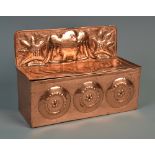 A John Pearson copper wall mounted string box, the raised back with a bird flanked by leaves,