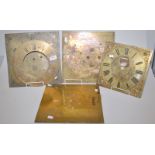 Long case brass clock dials and blanks including one by Troughton Penryn and Ino Gullock Roachford