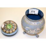 A Perthshire paperweight with coloured glass canes, a Thoune Pottery blue ground,