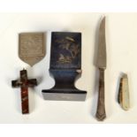 A mother of pearl penknife with a silver blade, a serpentine cross etc.